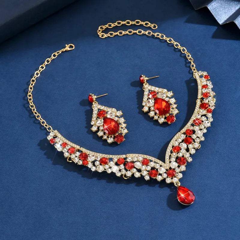 Necklace Set Rhinestone - Gold and Red