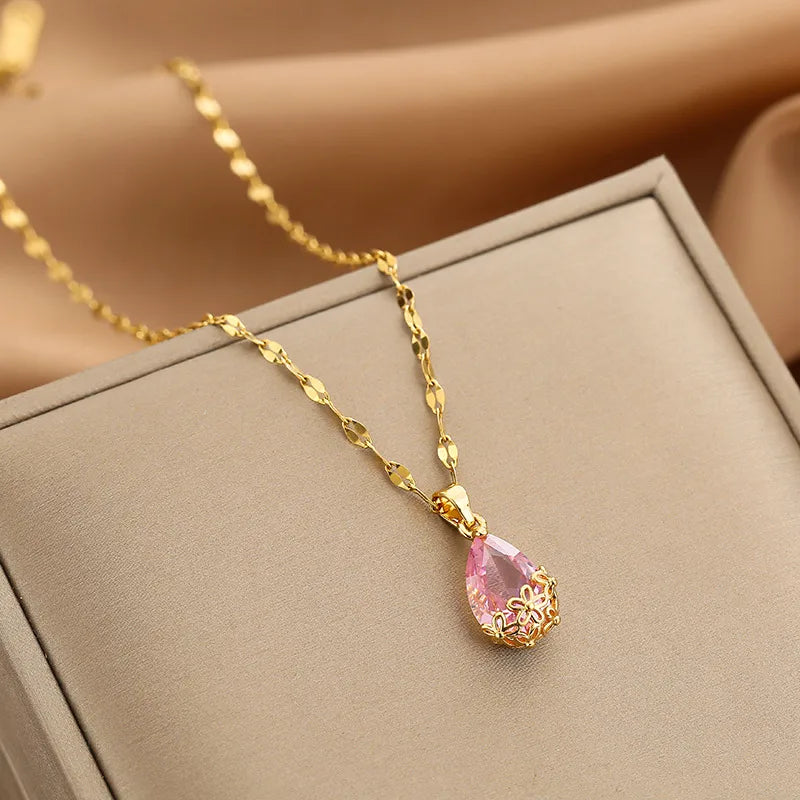Gold Plated Pendant - Pink water drop
