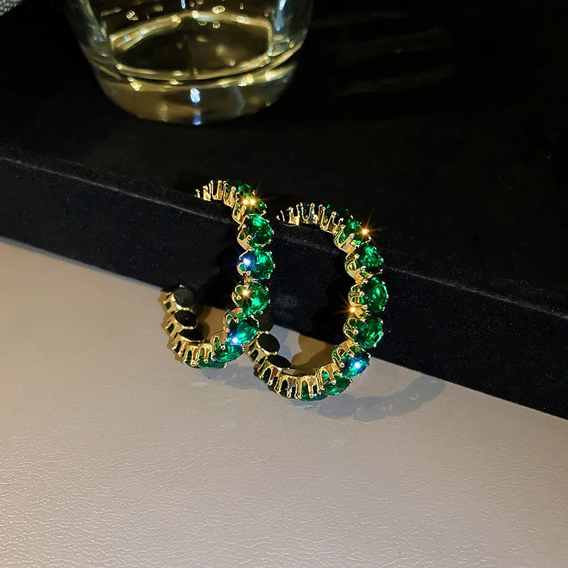 C Shape Zircon Ear Studs - Round Green