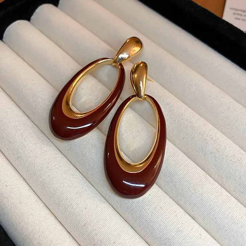 Oval Drop Earrings - Maroon