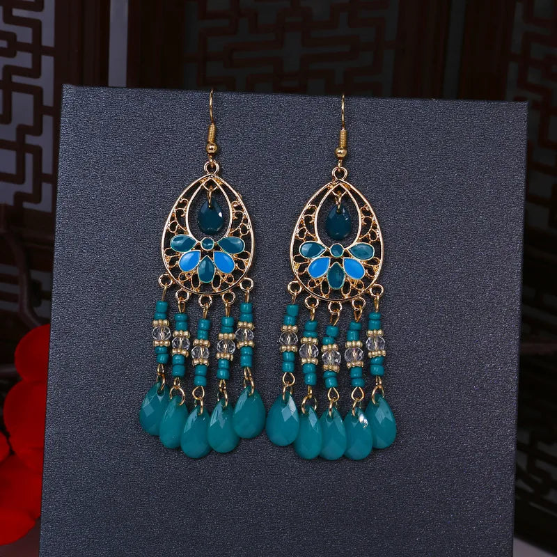 Teal Floral Crystal Tassel Earrings