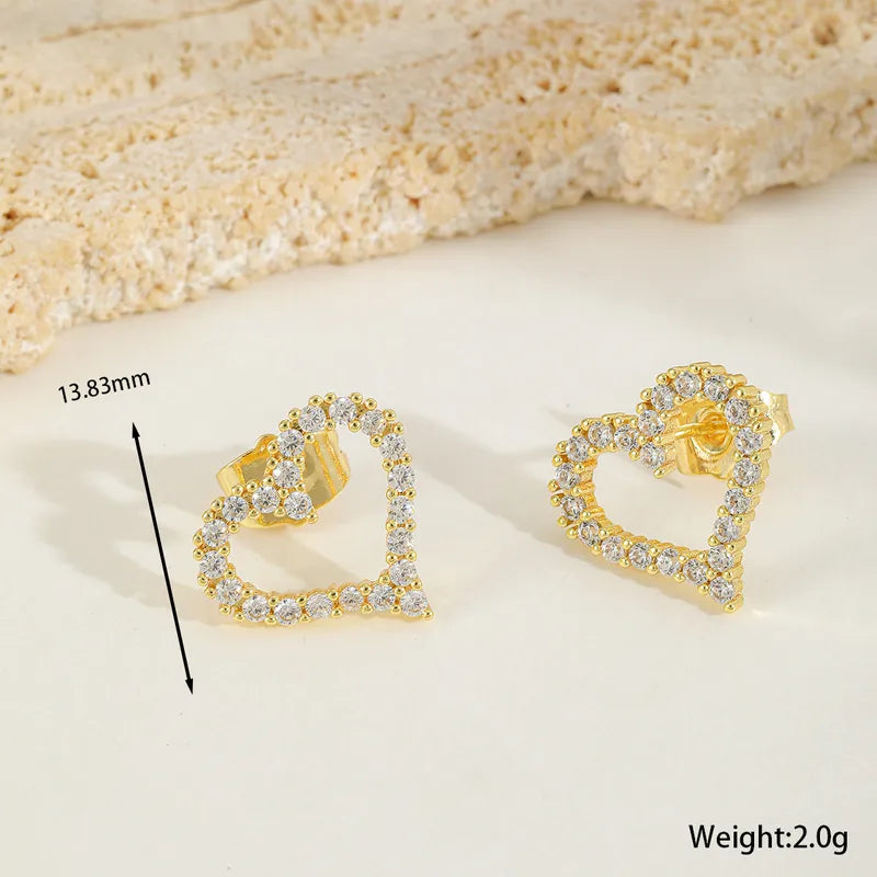 Crystal Heart Outline Stud Earrings - Gold Plated