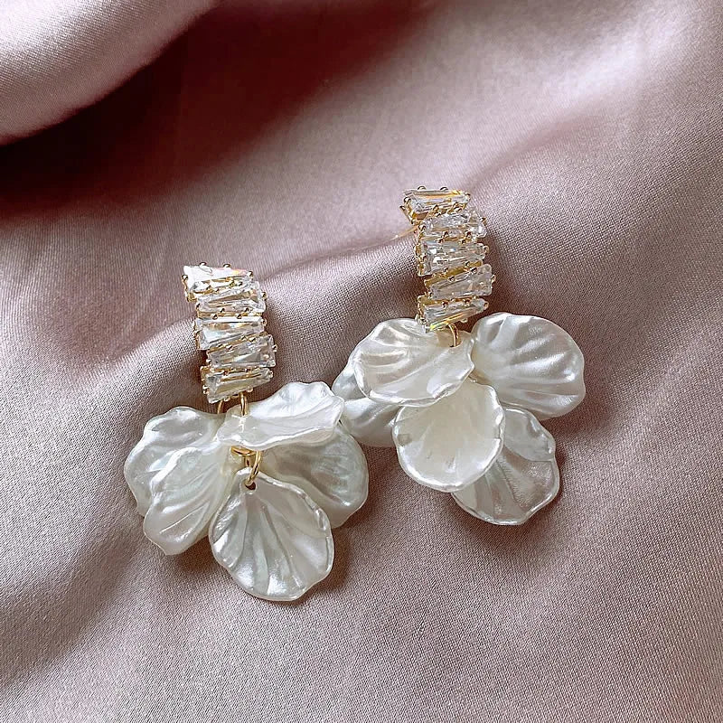 Pearl Petal Crystal Drop Earrings