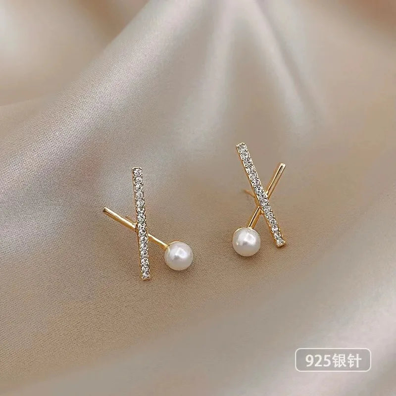 Cross Diamond Pearl Earrings