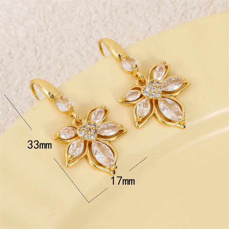 Golden Crystal Flower Drop Earrings - Gold Plated