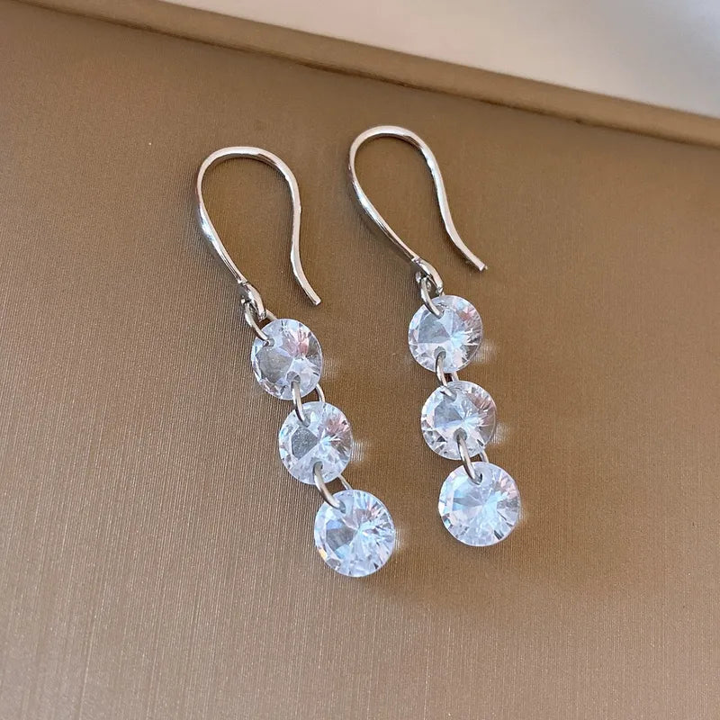 French Three Zircon Tassel Earrings
