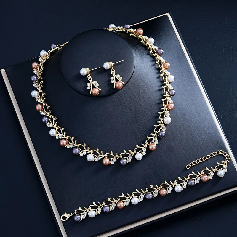 Pearl Necklace, Earring and Bracelet Set - Colored