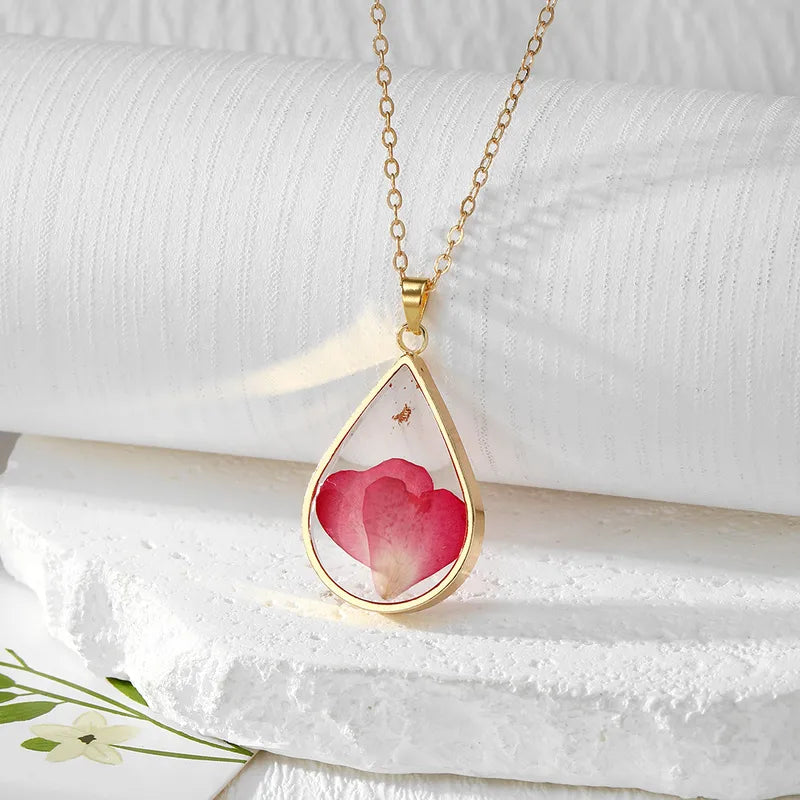 Resin Pendant - Pink Double Heart Flower Leaves