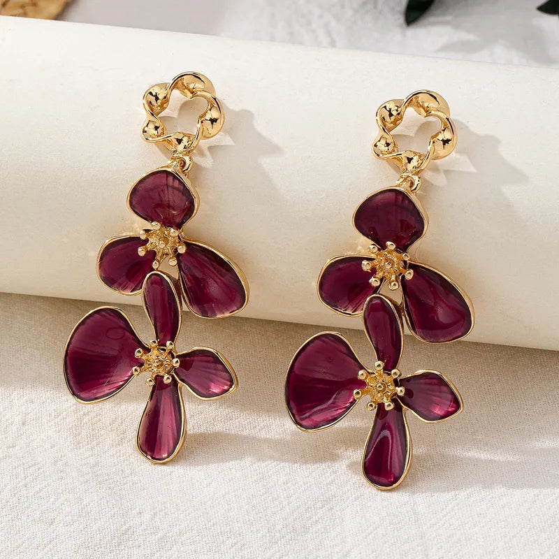 Korean Floral Splicing Earrings - Mauve