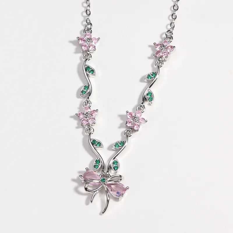 Chain Necklace - White Gold Color Pink Diamond