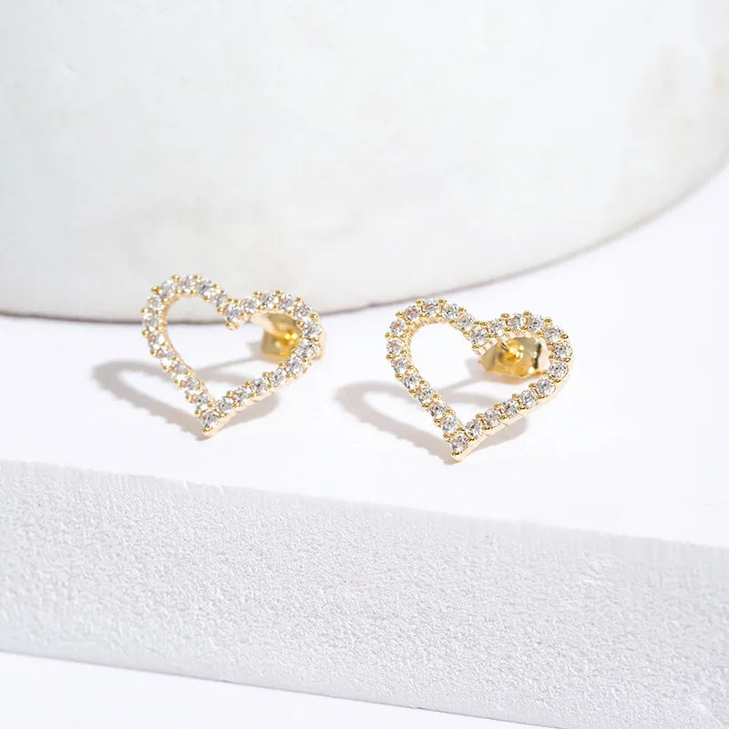 Crystal Heart Outline Stud Earrings - Gold Plated