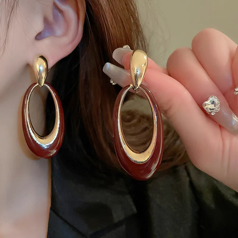 Oval Drop Earrings - Maroon