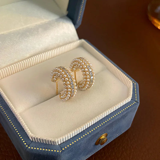 C Shape Pearl Gold Plated Ear Stud