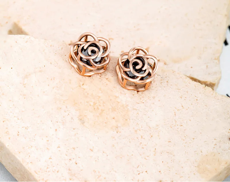 Elegant Gold Plated Rose Studs - Black
