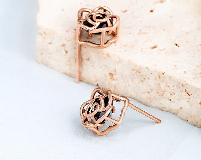 Elegant Gold Plated Rose Studs - Black