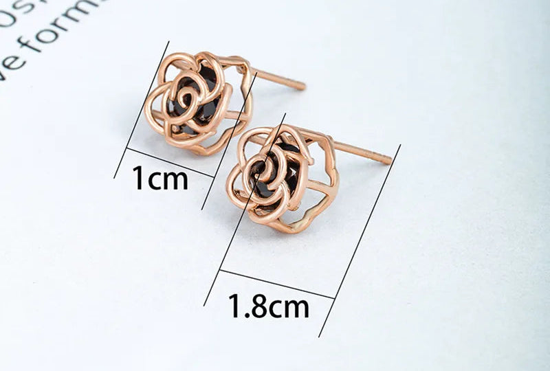 Elegant Gold Plated Rose Studs - Black