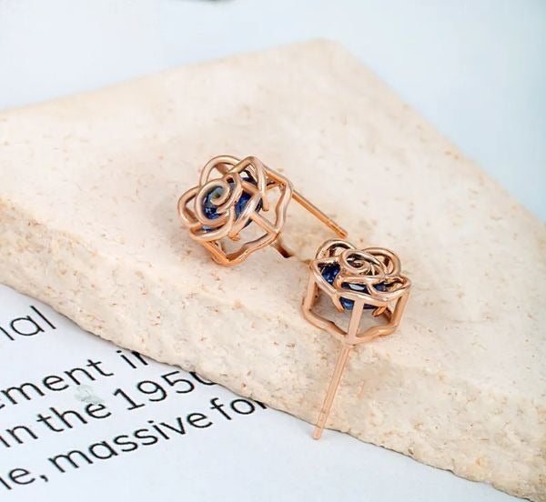 Elegant Gold Plated Rose Studs - Blue
