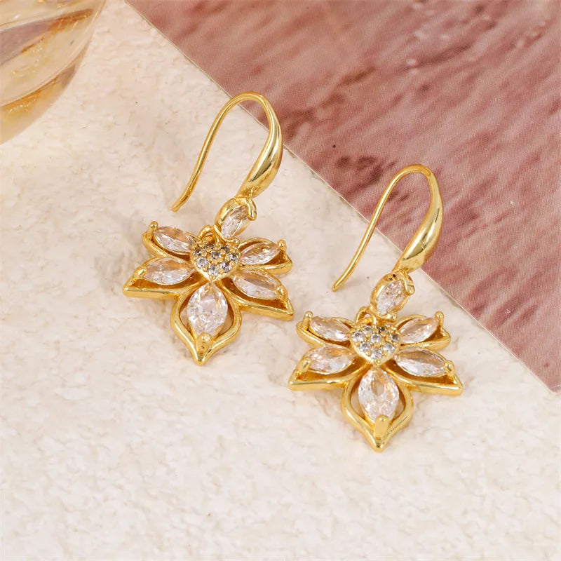 Golden Crystal Flower Drop Earrings - Gold Plated