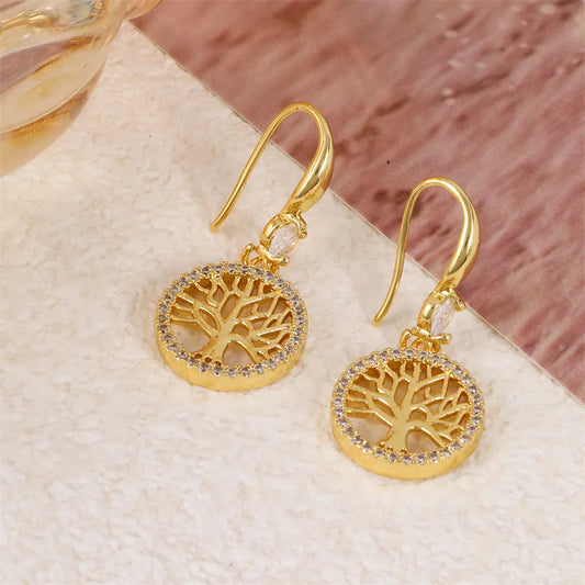 Golden Tree of Life Crystal Drop Earrings