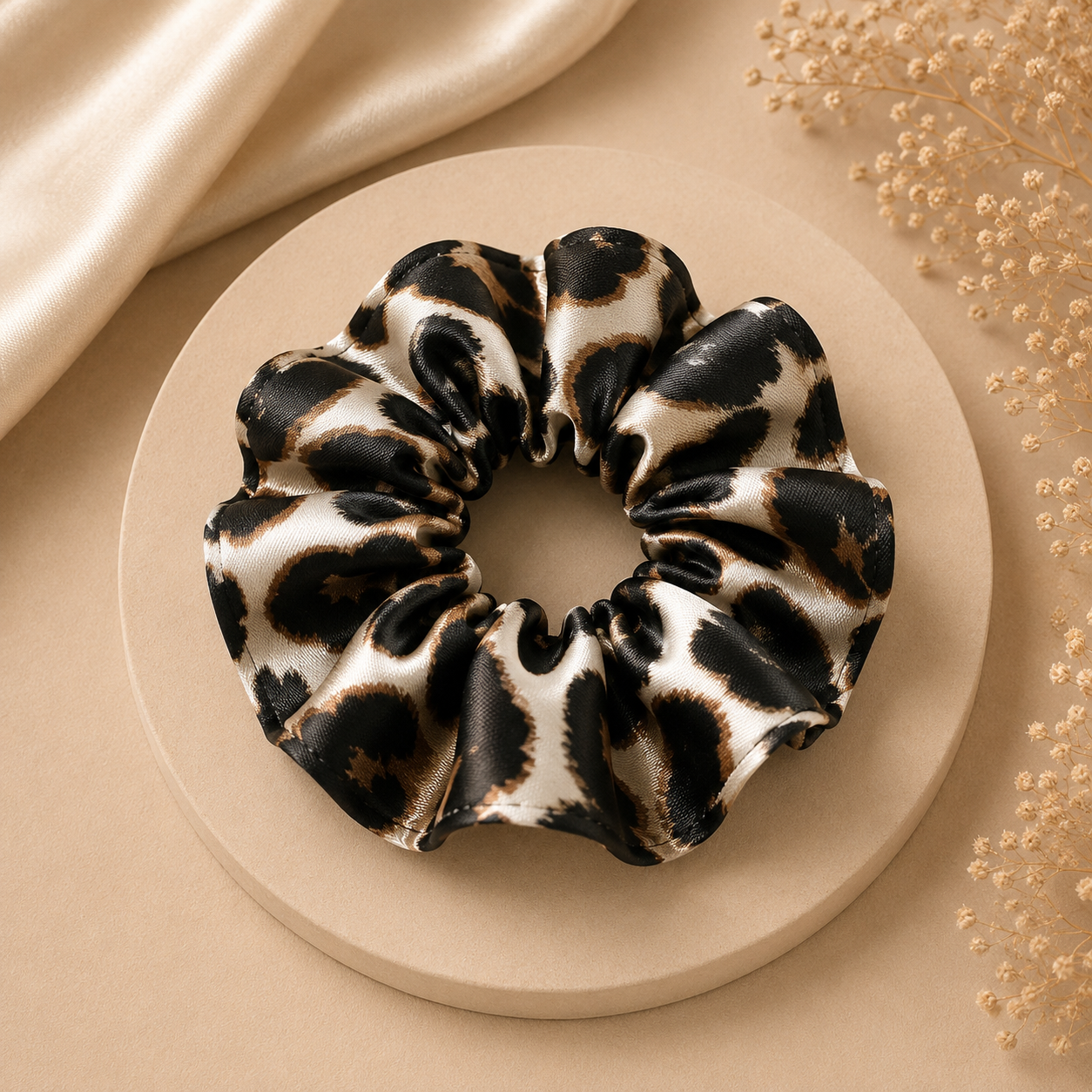Ivory Leopard Satin Scrunchie (one piece)