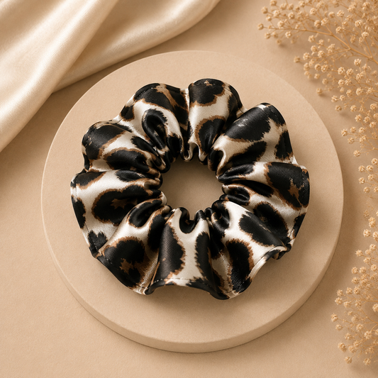 Ivory Leopard Satin Scrunchie (one piece)