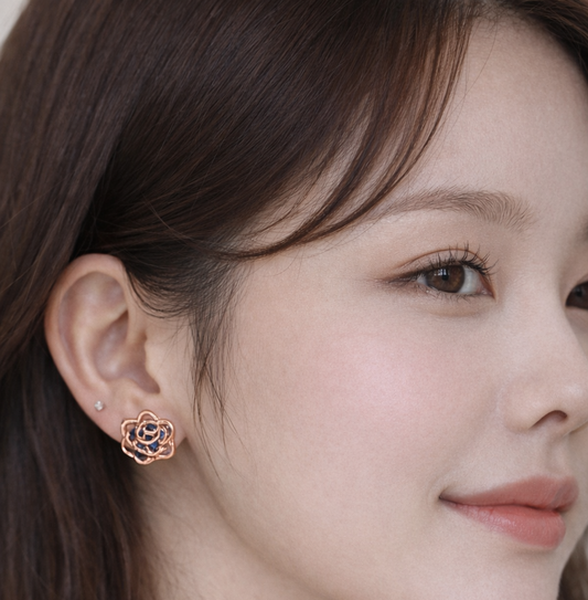 Elegant Gold Plated Rose Studs - Blue