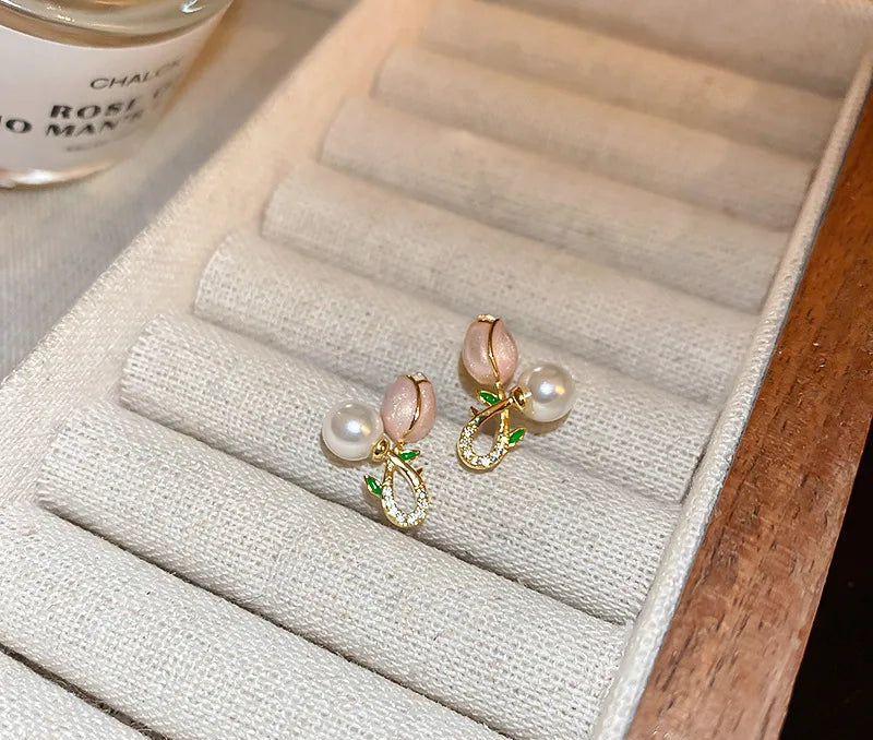 Pink Tulip Flower Pearl Stud