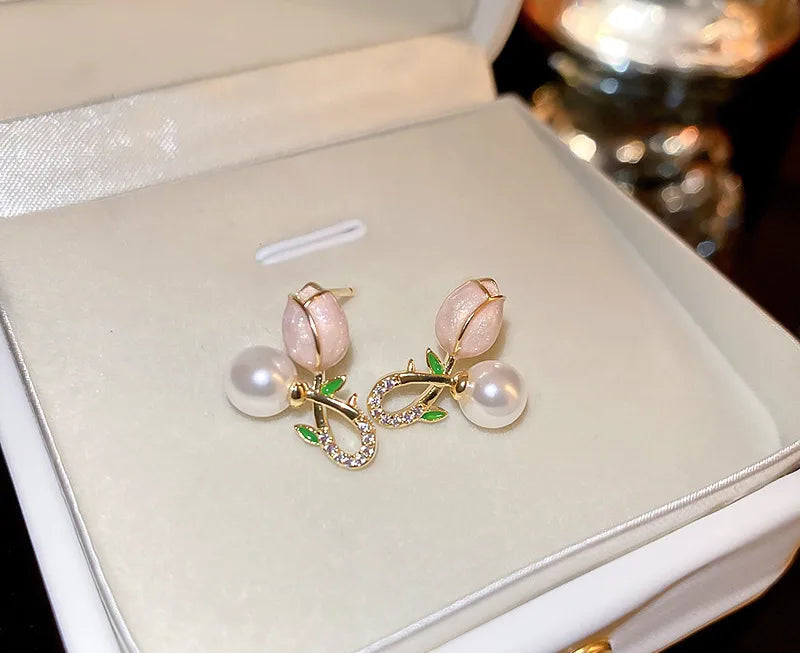 Pink Tulip Flower Pearl Stud