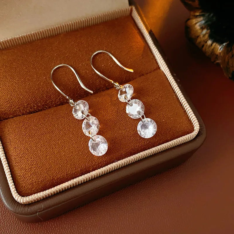 French Three Zircon Tassel Earrings