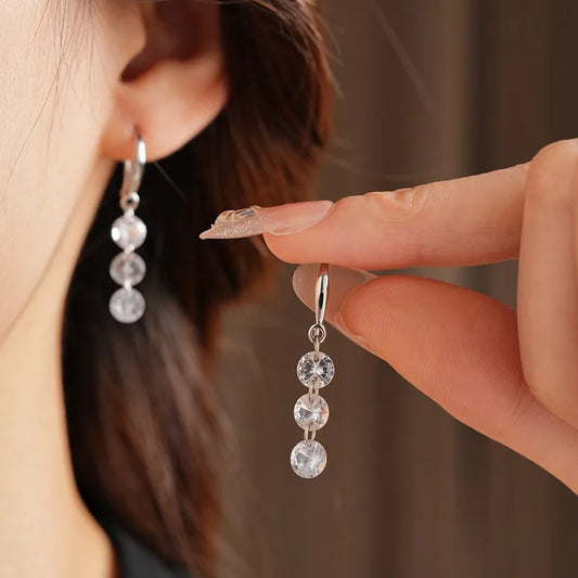French Three Zircon Tassel Earrings