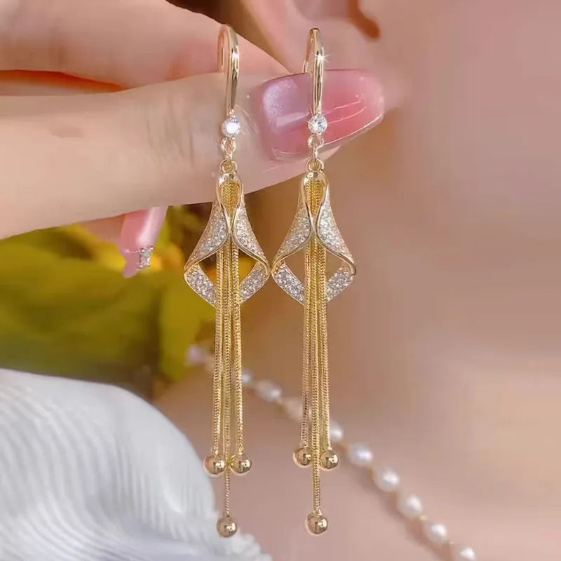 Elegant Long Tassel Diamond Earrings