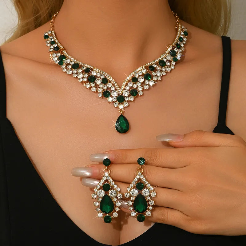 Necklace Set Rhinestone - Gold and Green