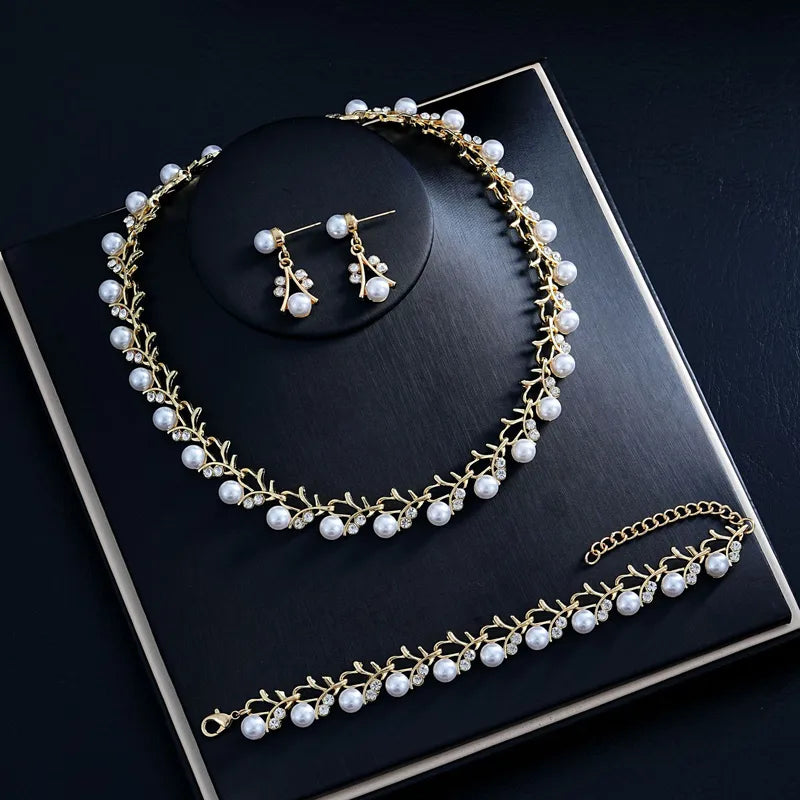 Pearl Necklace, Earring and Bracelet Set - White