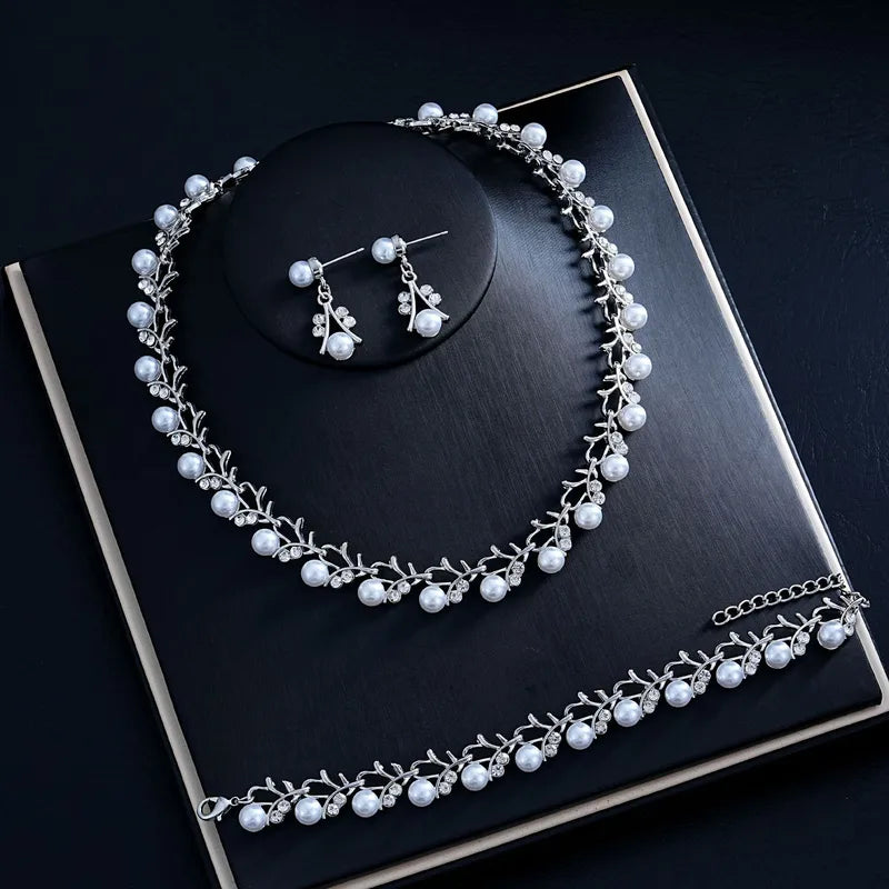 Pearl Necklace, Earring and Bracelet Set - Silver White