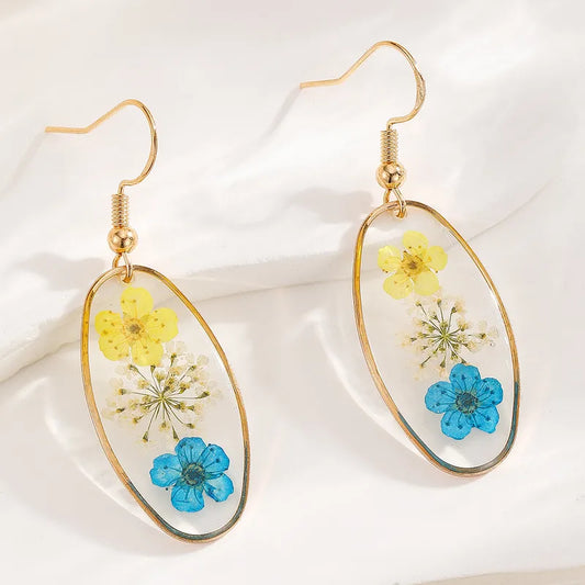Oval Dried Flower Resin Earring - Yellow + Blue