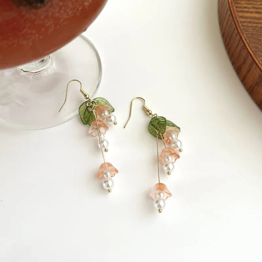 Pairs of Pink Flowers - Korean Style Tassel Earring