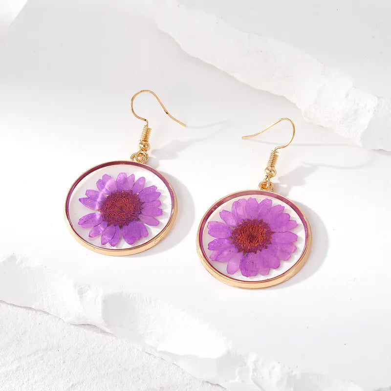 Resin Drop Earrings - Purple Daisy