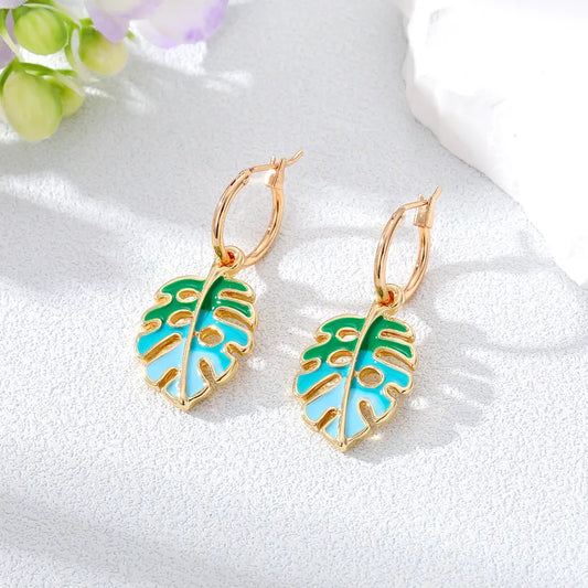 Leaf Drop Earrings - Green and Blue Leaves