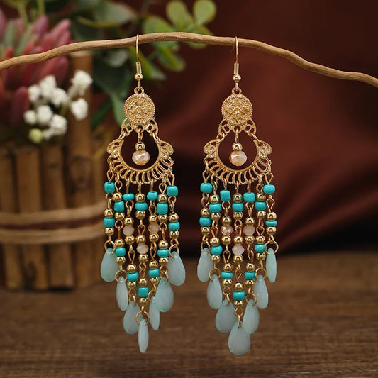 Bohemian Bead Tassel Earring -  Lake Blue