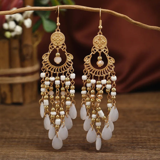 Bohemian Bead Tassel Earring -  White