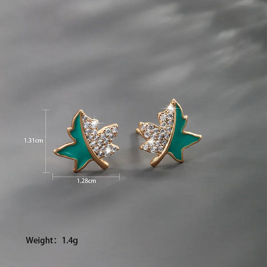 Green Crystal Leaf Studs - Gold Plated