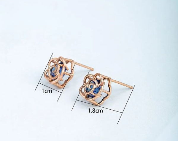 Elegant Gold Plated Rose Studs - Blue