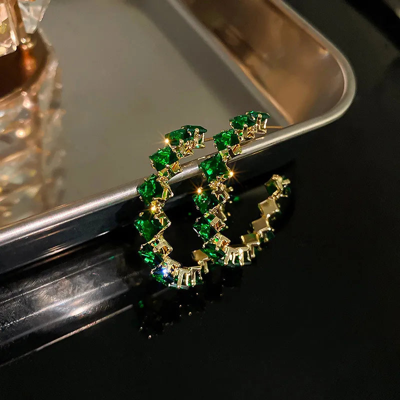 C Shape Zircon Ear Studs - Square Green
