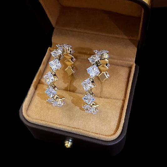 C Shape Zircon Ear Studs - Square White
