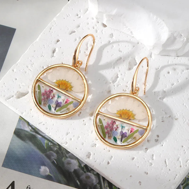 Resin Drop Earrings - Chrysanthemum Green Leaf Yellow Flower