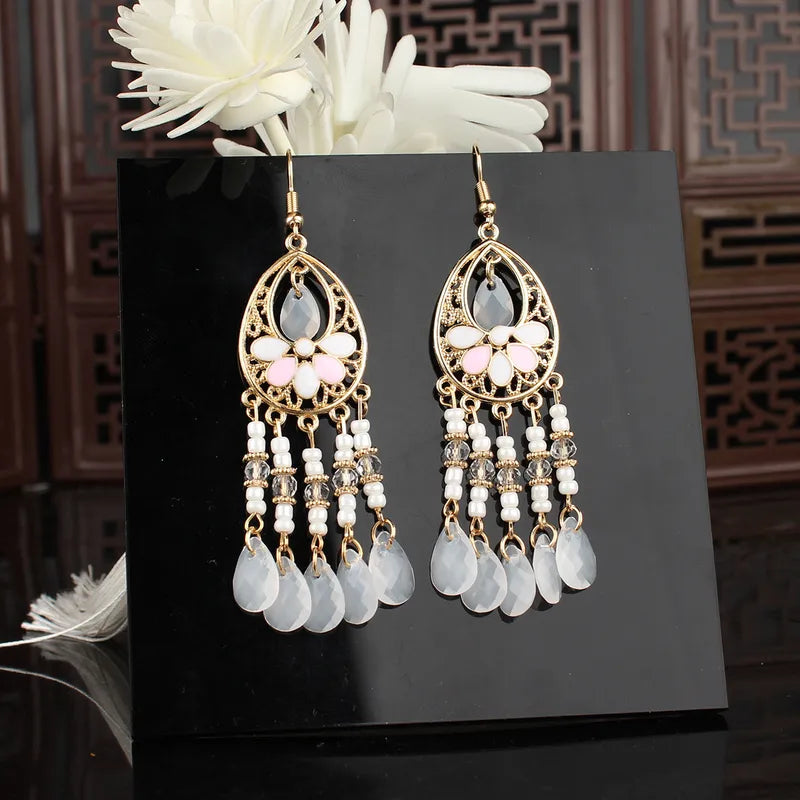Floral Crystal Tassel Drop Earrings