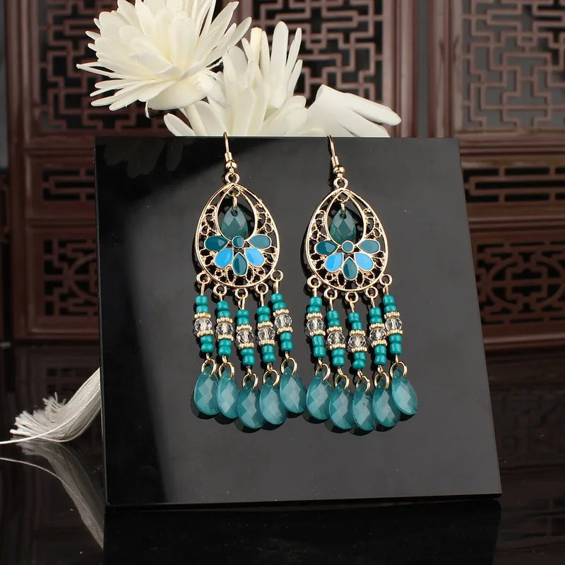 Teal Floral Crystal Tassel Earrings