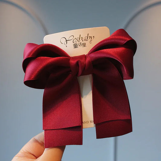 Korean Ribbon Bow Hairpin - Double wine red