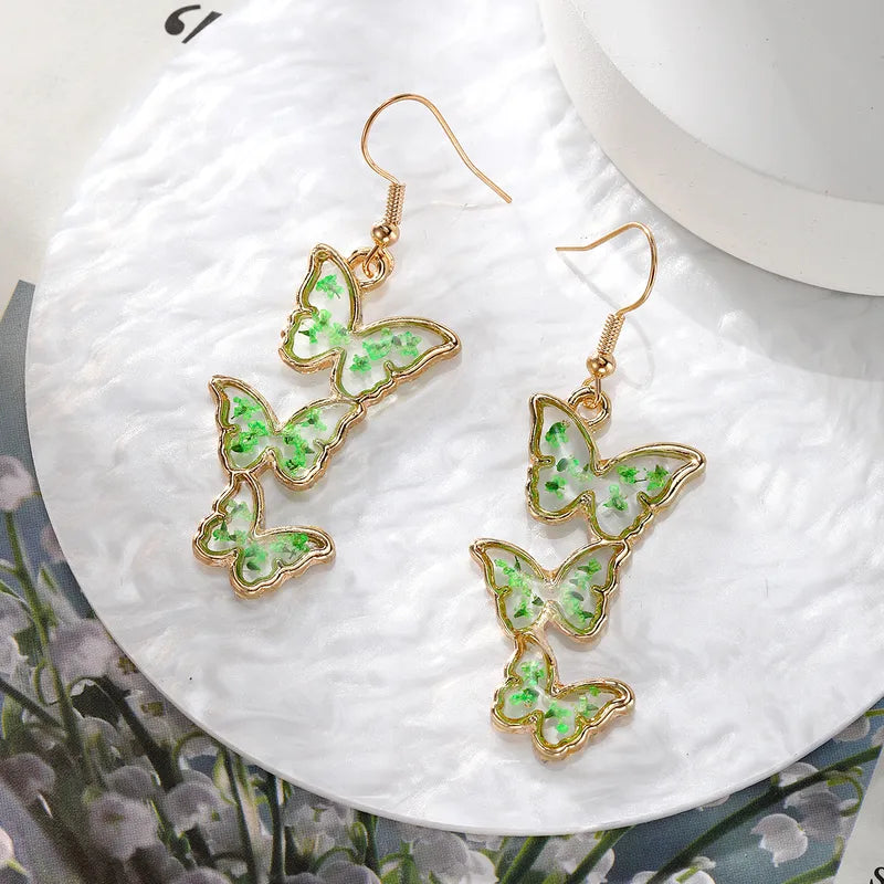 Resin Drop Earrings - Green Three Butterflies