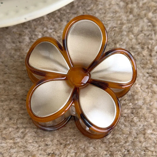 Elegant Plumeria Acrylic Hair Claw - Golden Flowers